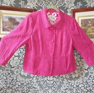 Sara Campbell fuschia hot pink swing coat embossed design with shoulder pads